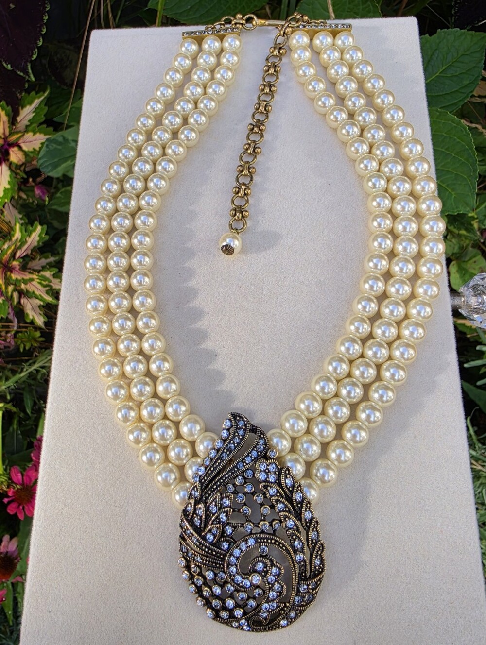 Elegant Ivory Pearl Multi-Strand Necklace with Crystal Pave Pendant - Picture 4 of 11